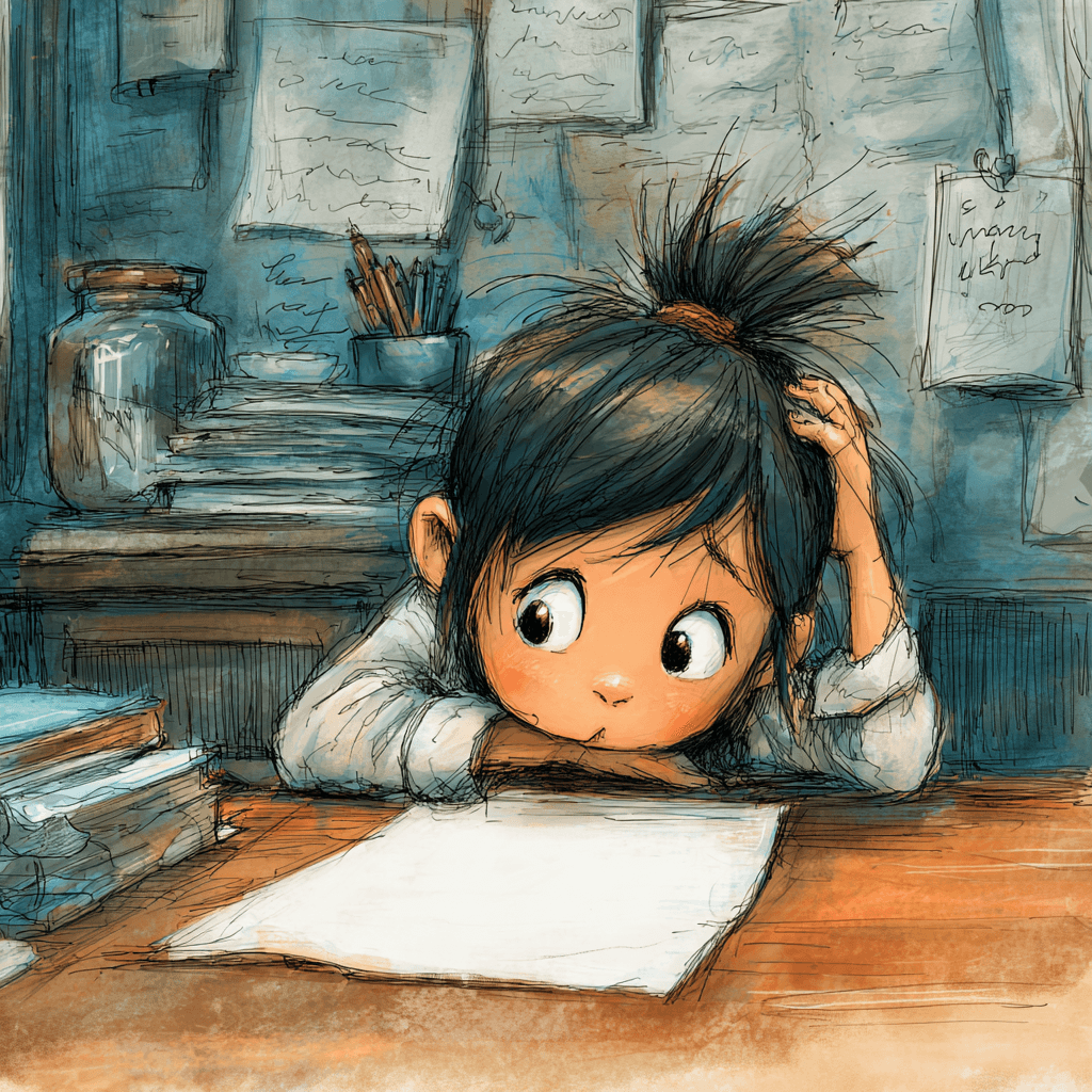 A girl looking at a blank sheet of paper with a frustrated expression