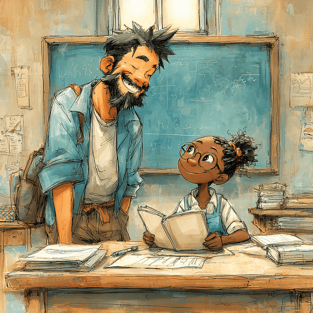 A teacher happily looking at a student's work