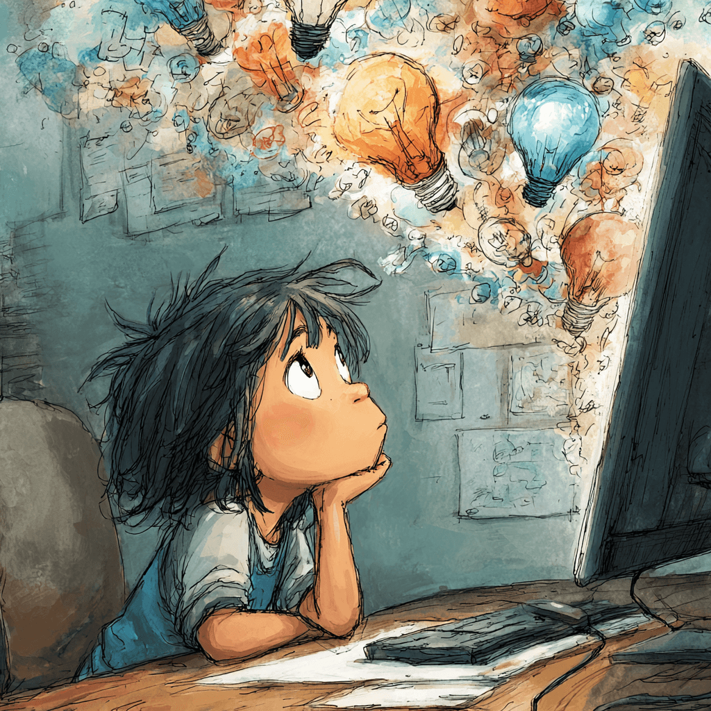 A child in front of a computer thinking of ideas