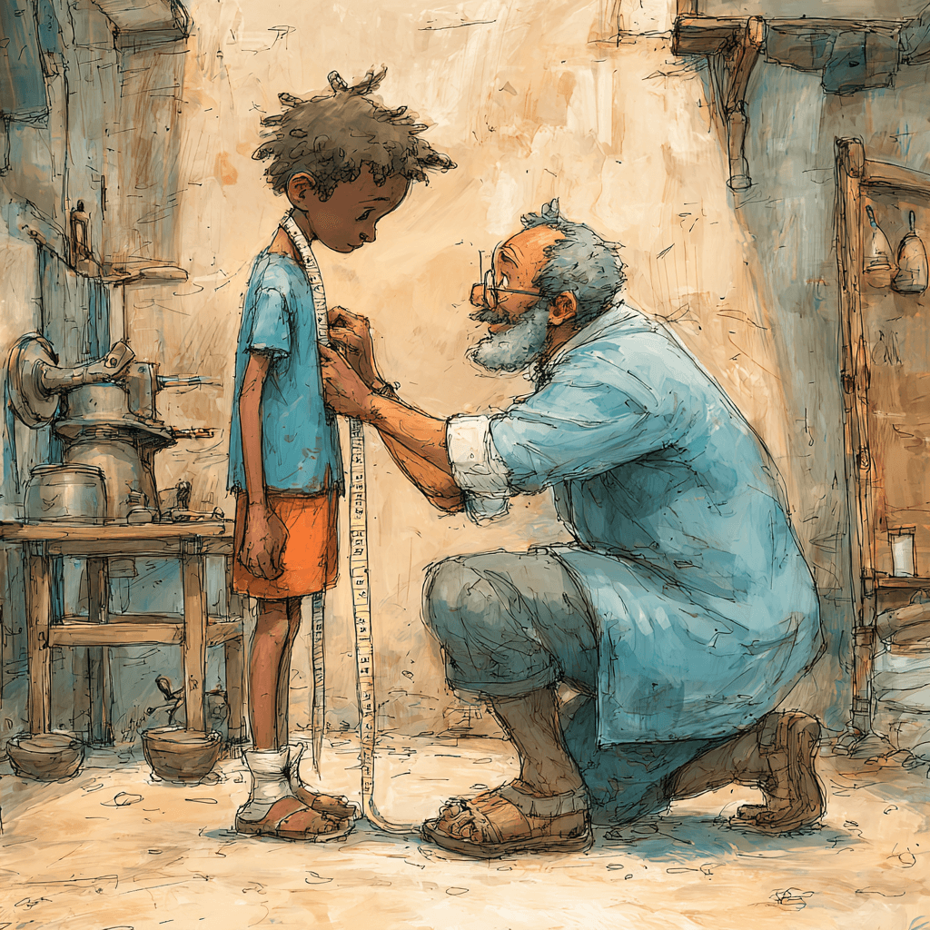 A tailor on his knees taking a young boy's measurements